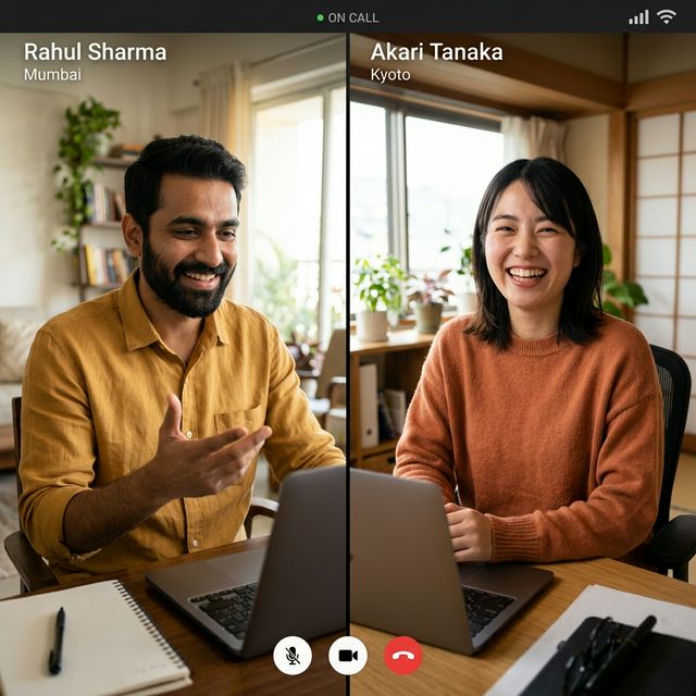 Two people smiling on a video call