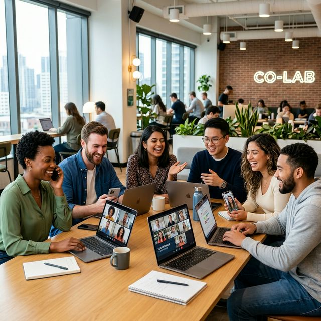 Happy people chatting on video calls around the world